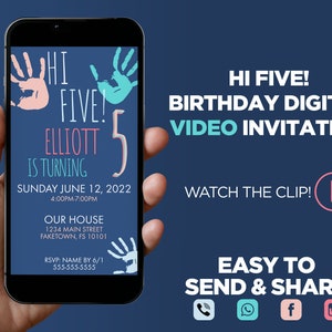 Hi Five! Birthday Party Digital Video Invitation - Blue