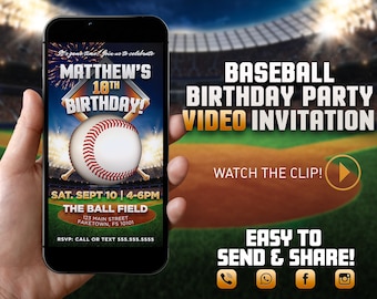 Baseball Birthday Party Video Invitation, all star video invite, mlb wiffle ball softball birthday video evite, sports theme party, rookie