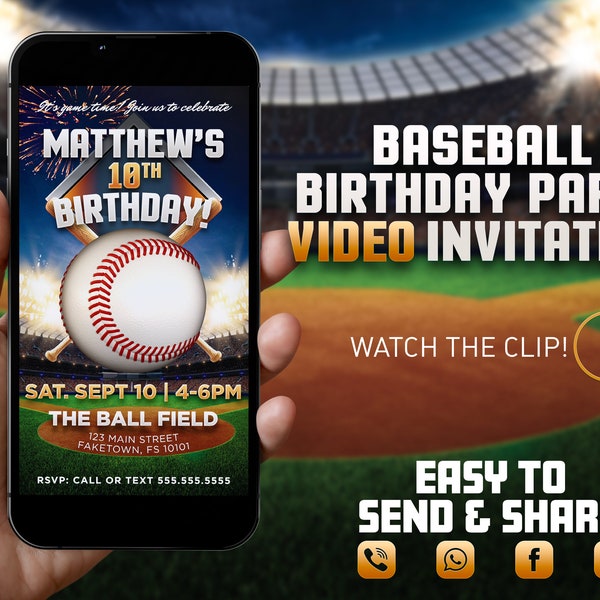 Baseball Birthday Party Video Invitation, all star video invite, mlb wiffle ball softball birthday video evite, sports theme party, rookie