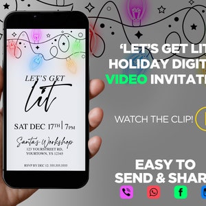 Let&#39;s Get Lit Holiday Party Digital Video Invitation, neon Christmas invitation, text invitation, Christmas light video invite, lights evite