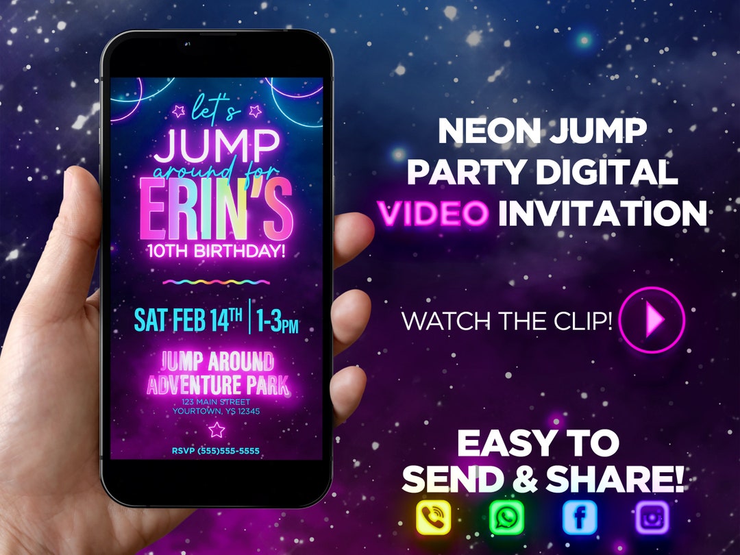 Neon Jump Party Digital Video Invitation, Let’s Jump Video Invite, Jump ...