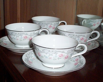 4 Valmont China Melody Pattern Cups & Saucers Platinum Trim