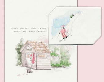 Christmas Santa - Instant Digital Download - Santa at the Resort: Skiing + Sauna -  Christmas Printable Card - Funny Santa Card