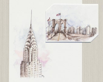 Instant Digital Download NYC Brooklyn Bridge & Chrysler Building Greeting Card + Envelope