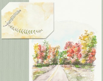 Instant Digital Download Autumn Open Road, Printable Card, Celebration Card, Red, Yellow Watercolor Card