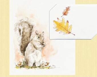 Instant Digital Printable, Autumn Squirrel with Acorns Blank Watercolor Card, Thank You Card