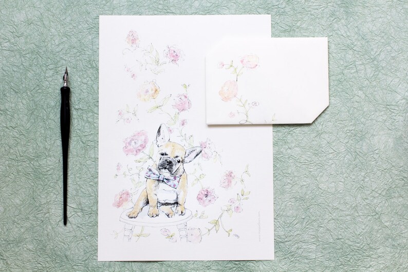 Instant Digital Download French Bulldog & Flowers Greeting Card, Foldable Origami Letter, Birthday Card, Celebration Card, Pink image 2