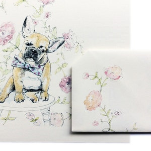 Instant Digital Download French Bulldog & Flowers Greeting Card, Foldable Origami Letter, Birthday Card, Celebration Card, Pink image 1