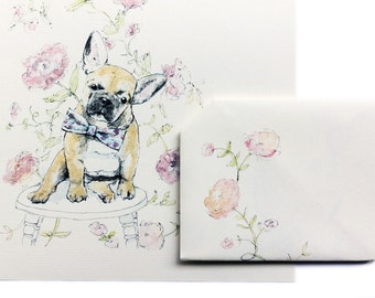 Instant Digital Download French Bulldog & Flowers Greeting Card, Foldable Origami Letter, Birthday Card, Celebration Card, Pink