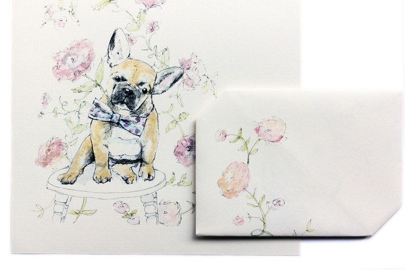 Instant Digital Download French Bulldog & Flowers Greeting Card, Foldable Origami Letter, Birthday Card, Celebration Card, Pink image 1