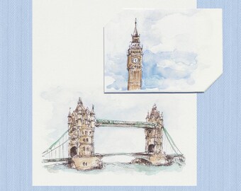 Instant Digital Download London Tower Bridge, Big Ben, Black Cab Origami Card + Envelope