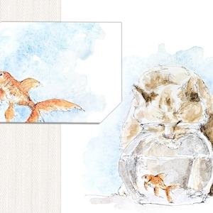 Pode incluir: Ilustração em aquarela de um gato curioso olhando para um aquário com um peixe dourado. Uma imagem separada mostra um peixe dourado nadando em um fundo azul em aquarela. A obra de arte é em tons de marrom, laranja e azul.