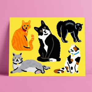 May include: A yellow background with five illustrated cats. One orange cat with a yellow collar, one black and white cat with a white collar, one black cat with a white collar, one gray cat with a yellow collar, and one calico cat with a blue collar.