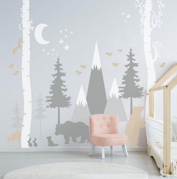 Mountains Wall Decal Woodland Nursery Decor Birch Tree Self - Etsy UK