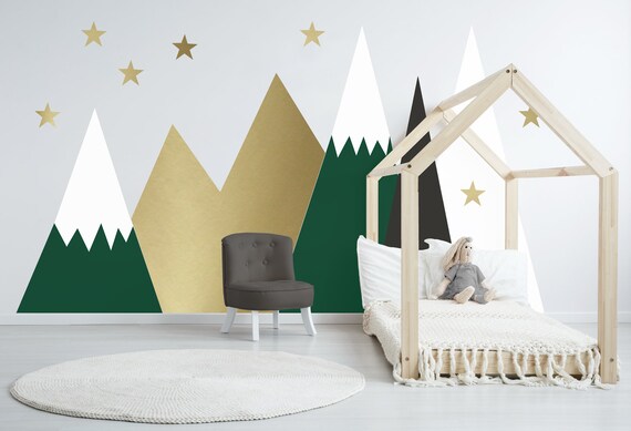 Mountains Wall Decal Baby Room Decal Nursery Toddler Kids Boys Room Decor Custom Dark Hunter Green Headboard Wall Sticker Mountains002