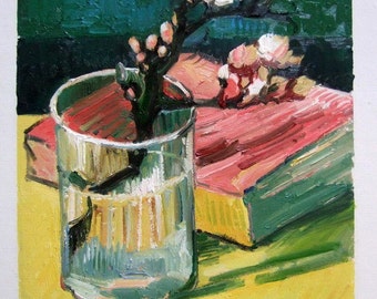 Van Gogh, Blossoming Almond Branch in a Glass with a Book, Oil Painting Reproduction on Linen Canvas, Handmade Quality