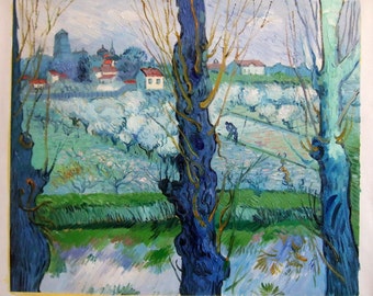 Van Gogh, View of Arles Flowering Orchards 1889 Neue Pinakothek, Oil Painting Reproduction on Linen Canvas, Handmade Quality