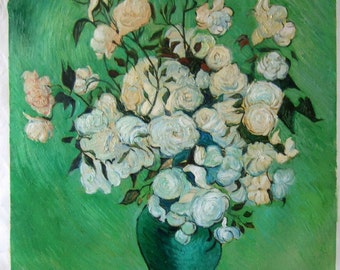 Van Gogh, A vase of Rose, Oil Painting Reproduction on Linen Canvas, Handmade Quality
