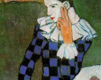 Picasso, Harlequin leaning 1901, Oil Painting Reproduction on Canvas, Harlequin leaning by Picasso, Handmade