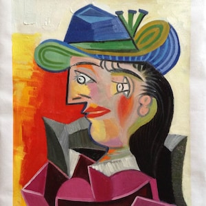May include: A colorful abstract painting of a person wearing a blue and green hat. The person's face is stylized and features a prominent nose and large eyes. The background is a mix of red, orange, and yellow.