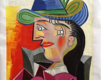 パブロ・ピカソ、青い帽子をかぶった女性、リネンキャンバスの油絵複製