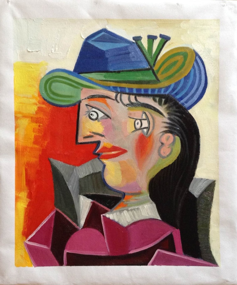 May include: A colorful abstract painting of a person wearing a blue and green hat. The person's face is stylized and features a prominent nose and large eyes. The background is a mix of red, orange, and yellow.