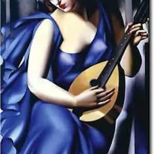 Tamara De Lempicka, Femme En Bleu Avec Guitare, Oil Painting Reproduction on Linen Canvas, Handmade Quality, 29 x 46 Inches