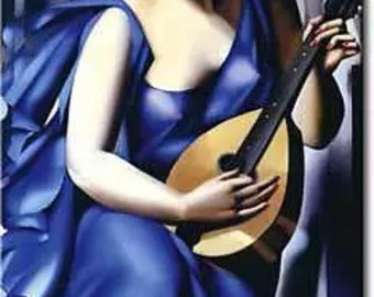 Tamara De Lempicka, Femme En Bleu Avec Guitare, Oil Painting Reproduction on Linen Canvas, Handmade Quality, 29 x 46 Inches