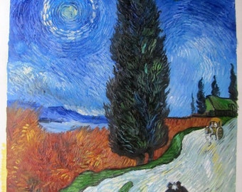 Van Gogh, Road with Cypress and Star, Oil Painting Reproduction on Linen Canvas, Handmade Quality