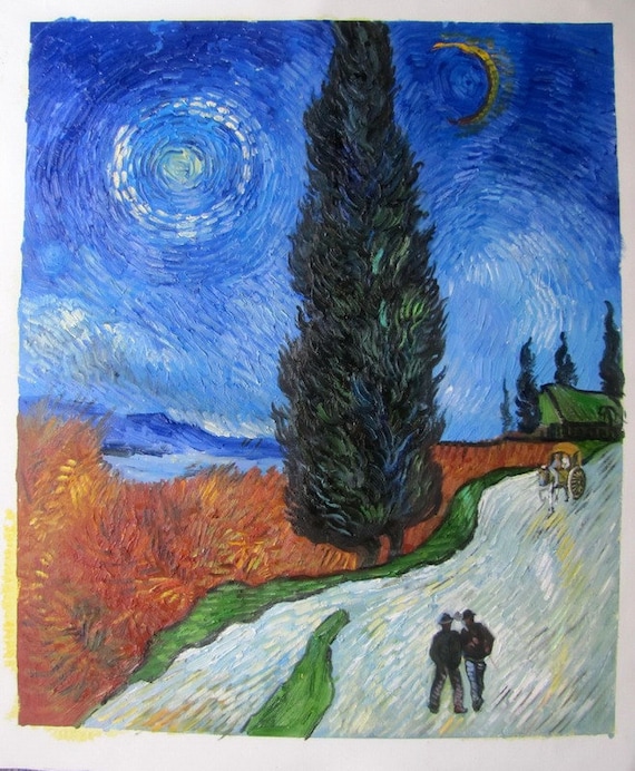 Van Gogh Route avec cypres et etoile reproduction de peinture a l huile sur toile de lin qualite faite a la main Etsy Canada