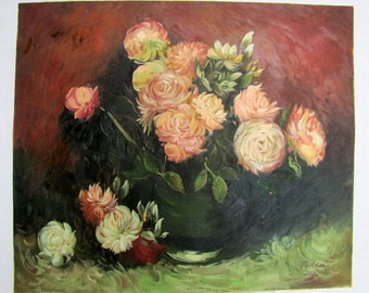 Van Gogh, Bowl with Peonies and Roses, Oil Painting Reproduction on Linen Canvas, Handmade Quality