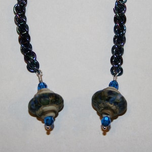 Handmade Shades of Blue Niobium Chain Maille Jens Pind Weave Dangle Earrings with Baroque Style Lampwork Bead