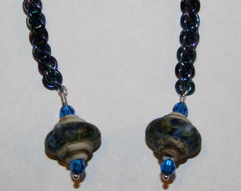 Handmade Shades of Blue Niobium Chain Maille Jens Pind Weave Dangle Earrings with Baroque Style Lampwork Bead