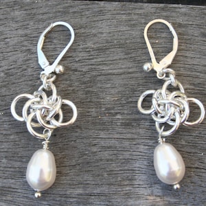 Handmade Sterling Silver Persephone Weave with White Pearl Drops Dangle Earrings