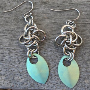 Handmade Stainless Steel Persephone Diamond Weave with Titanium Green Chain Maille Chain Mail Dangle Earrings