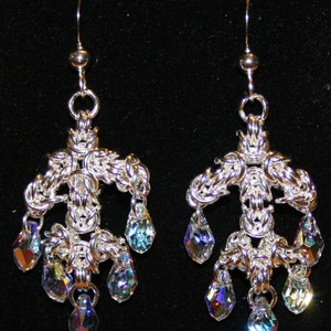 Handmade Sterling Silver  Chainmaille or Chain Maille Byzantine Weave Chandelier Dangle Earrings