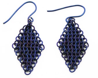 Handmade Titanium Chain Maille Dark Blue European 4 in 1 Weave Diamond Shape Dangle Earrings