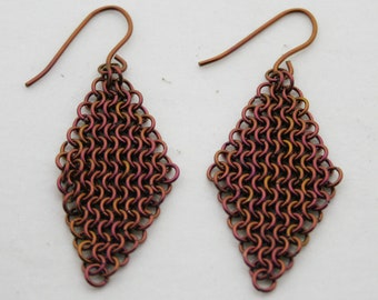 Handmade LARGE Titanium Rose Gold Chain Maille European 4 in 1 Weave Diamond Shape Dangle Earrings