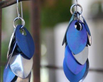 Handmade Chain Maille Tri-Color Scale maille Earrings with Blue, Teal and Silver Scales