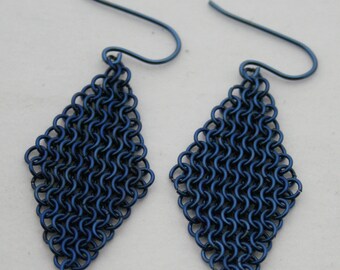 Handmade LARGE Titanium Chain Maille Dark Blue European 4 in 1 Weave Diamond Shape Dangle Earrings