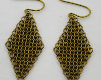 Handmade LARGE Titanium Chain Maille Gold European 4 in 1 Weave Diamond Shape Dangle Earrings