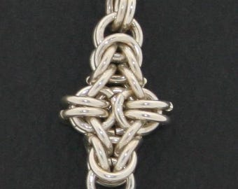 Handmade Sterling Silver Jump Rings Chainmaille or Chain Maille Cross Weave Dangle Earrings with Green Bead