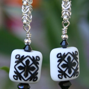 Handmade Sterling Silver Chain Maille Byzantine Weave and Black Damask Lampwork Bead Dangle Earrings