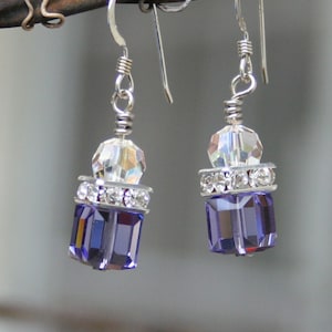 Handmade Sterling Silver Wire Wrapped Swarovski Blue/Purple Cube Beads with Rhinestone Square Rondelles Dangle Earrings