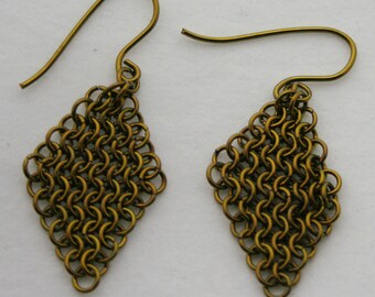 Handmade Titanium Gold Anodized Chain Maille European 4 in 1 Weave Diamond Shape Dangle Earrings