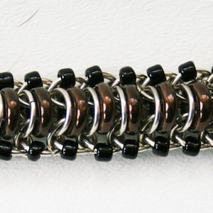 Handmade Sterling Silver Chain Maille Bracelet 18 gauge Caterpillar Weave with Brown and Black Glass Beads