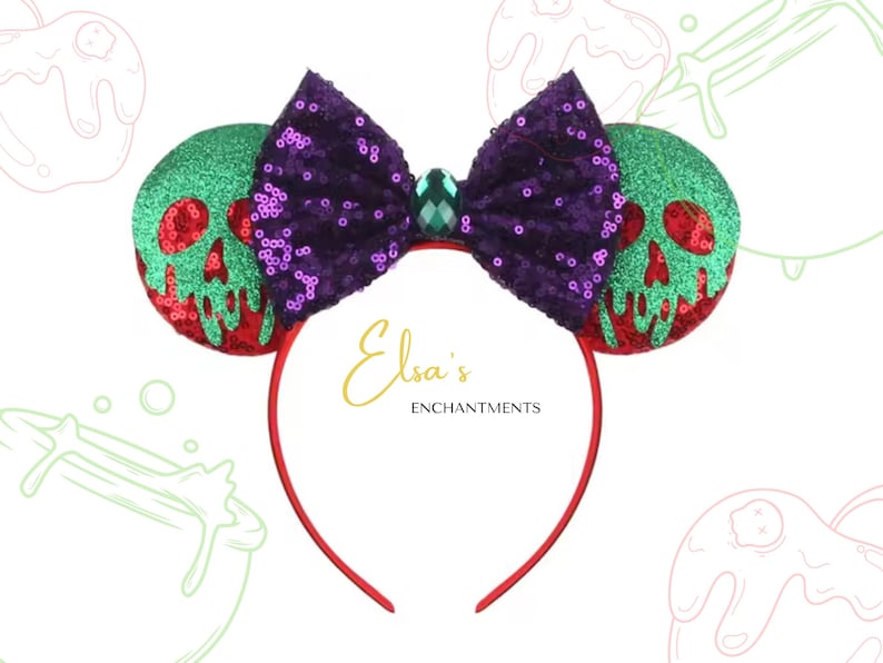 May include: A red headband with green and red skull ears and a purple sequined bow. The ears have a green glitter base with a red skull design. The bow is purple with sequins and a green gem in the centre. The text "Elsa's Enchantments" is in gold.
