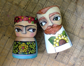 Hand painted terracotta pot, hand painted clay pot. Frida&VanGogh Collection. Eco clay planter.