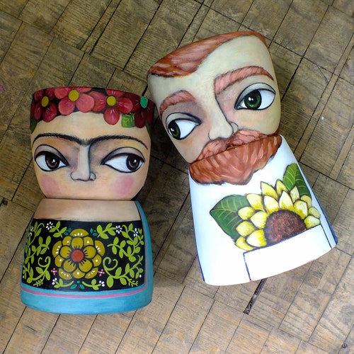 Hand-painted terracotta pot, hand-painted clay pot. Frida&VanGogh Collection. Clay hotsell echo planter.