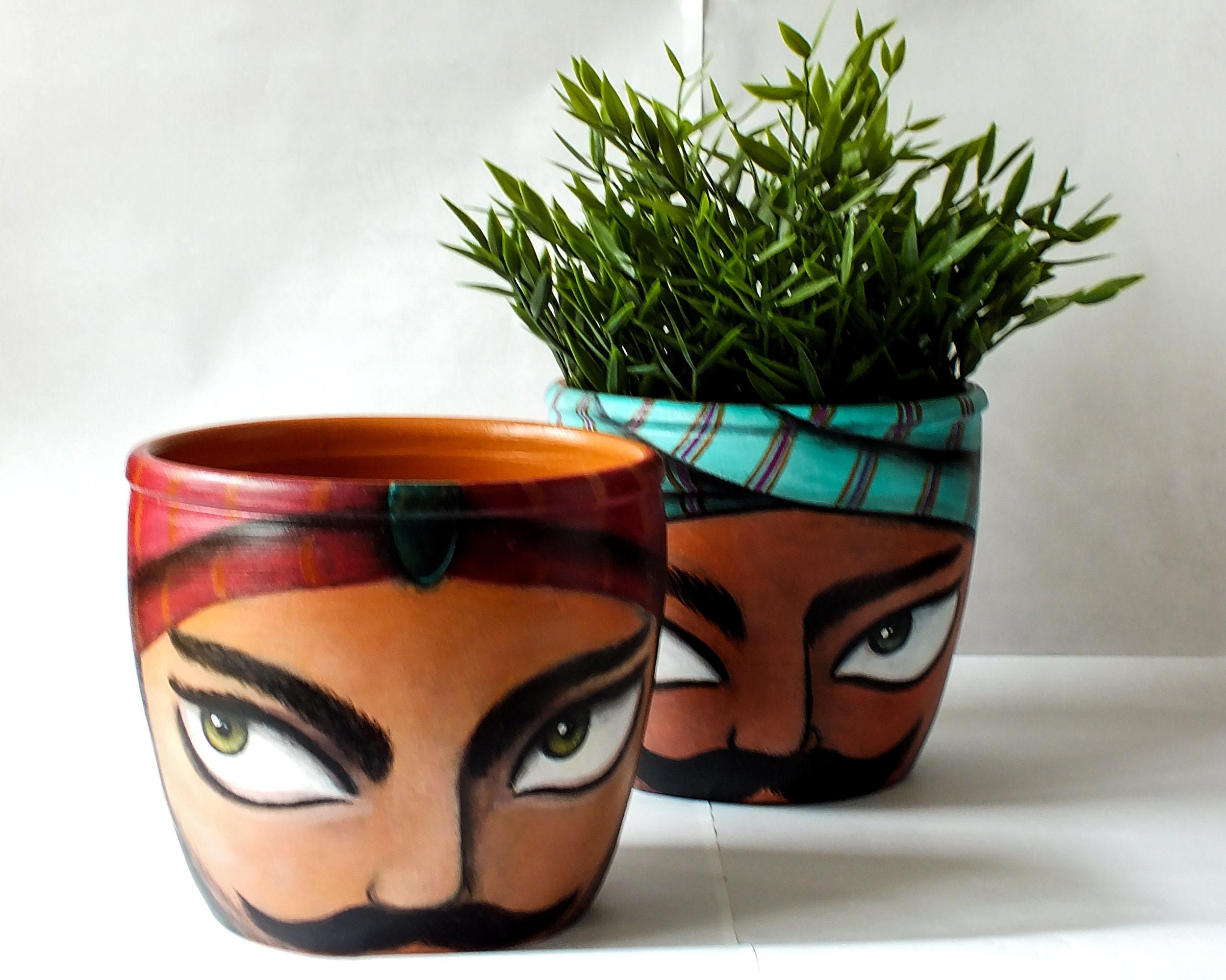 Set of 3 Ceramic Pots Hand Painted green Style 19cm. 7.5in. Toledo spain  Set of 3 Ceramic Planter Pot Plants 